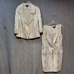 St. John Metallic Silver and Cream Midi Dress with Jacket